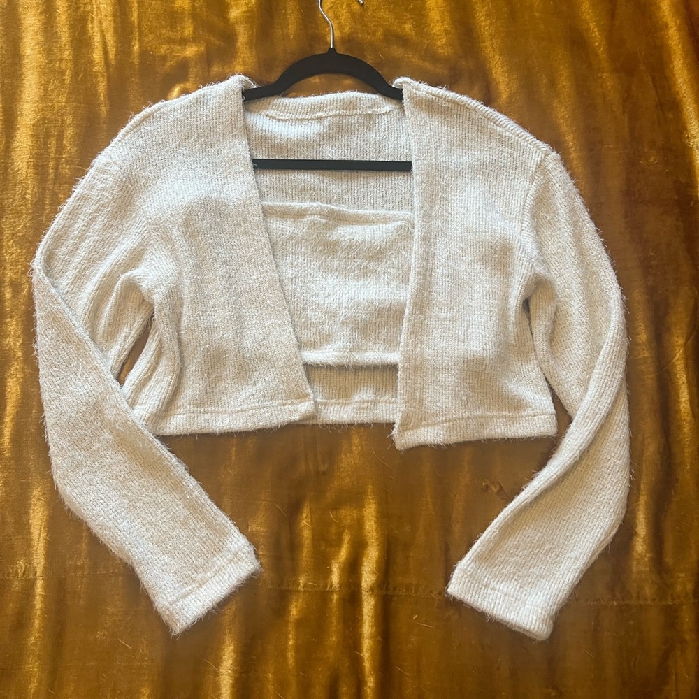 Cream Fuzzy Knit Cropped Sweater and Tube Top Set